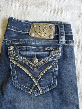Miss Me Dark Blue Boot Cut Jeans with Gold & Silver Pocket Embellishment